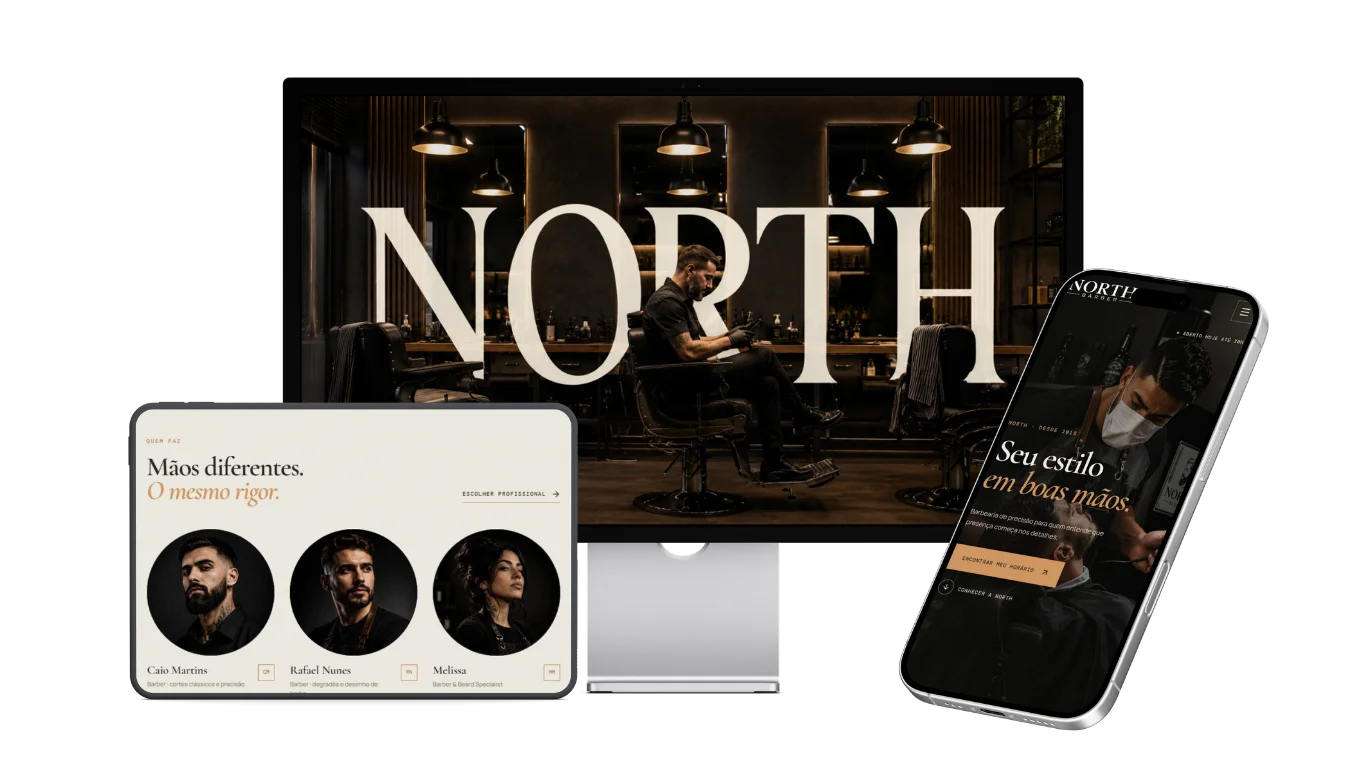 NORTH Barber — composição com versões desktop, tablet e mobile do site institucional.