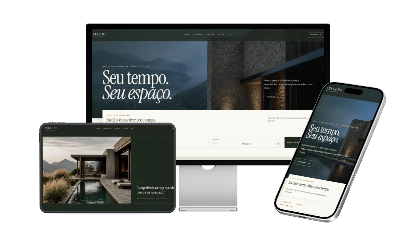 Vellune — composição com versões desktop, tablet e mobile do site institucional.